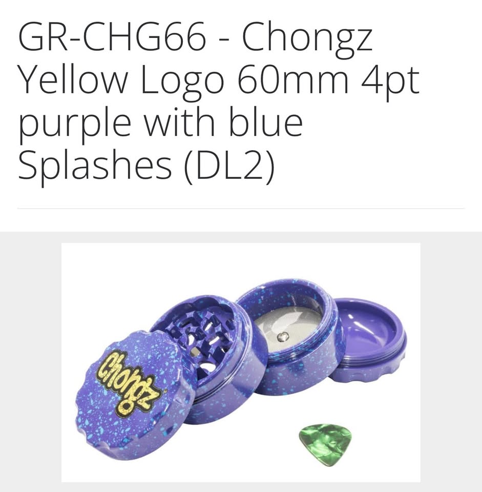 Chongz Yellow Logo 60mm 4-Part Grinder Purple with Blue Splashes
