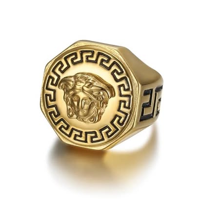 Gold Medusa Greek Key Signet Ring