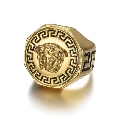 Gold Medusa Greek Key Signet Ring
