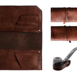Brown Leather Pipe and Tobacco Roll-Up Pouch