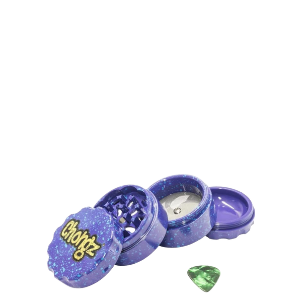Chongz Yellow Logo 60mm 4-Part Grinder Purple with Blue Splashes