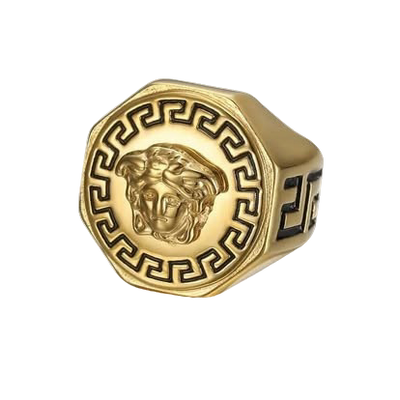 Gold Medusa Greek Key Signet Ring